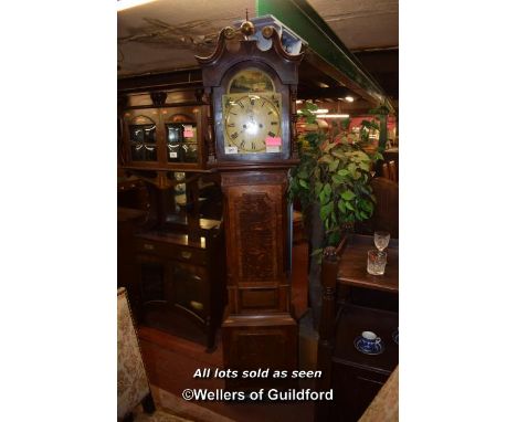 OAK EIGHT DAY LONGCASE CLOCK PAINTED DIAL WITH ROMAN NUMERALS SIGNED R VORLON STAMFORD, 223CM HIGH (1932 ATS)