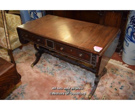 REGENCY CROSSBANDED ROSEWOOD&nbsp;SOFA TABLE WITH TWO FRIEZE DRAWERS ON TRESTLE END SUPPORTS, 179CM WIDE