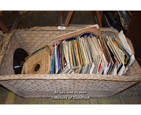 LARGE BASKET OF MIXED VINTAGE VINYL RECORDS OF DIFFERENT GENRES