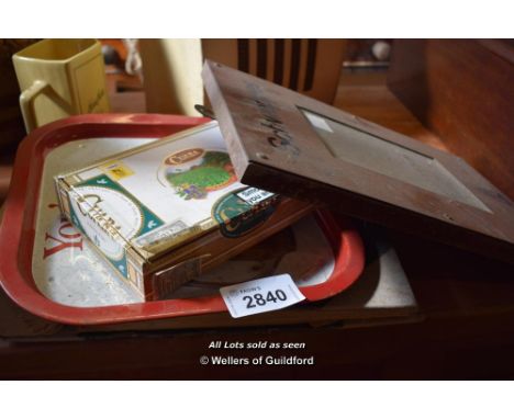 SCHWEPPES COPPER FRAME, SKOL TRAY, LEDGER, CIGAR BOX