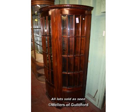 PAIR OF MAHOGANY HALF MOON DISPLAY CABINETS WITH BEVELLED GLASS DOORS ENCLOSING GLASS SHELVES, FITTED FOR ELECTRIC LIGHT, 200