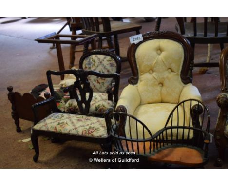 GROUP OF DOLL SIZED FURNITURE COMPRISING TWO ARMCHAIRS, SOFA, CONVERSATION SETTEE, CANOPY BED