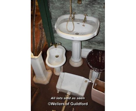 WHITE BATHROOM SUITE COMPRISING OF BASIN, PEDESTAL, BASIN AND BIDET