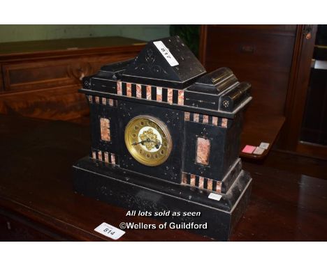 VICTORIAN BLACK SLATE MANTEL CLOCK IN SET WITH PINK MARBLE, TWO TRAIN MOVEMENT, BRASS CHAPTER RING