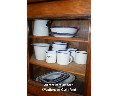 COLLECTION OF BLUE AND WHITE ENAMEL KITCHEN SET