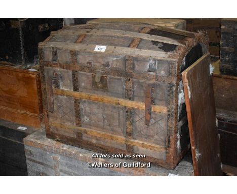 WOODEN BOUND DOMED TOP TRUNK, 87CM WIDE