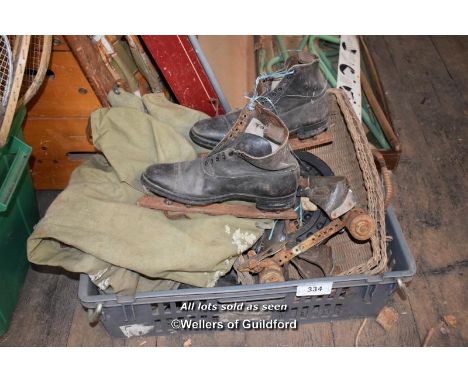 CRATE CONTAINING VINTAGE ROLLER BLADES AND ICE SKATES