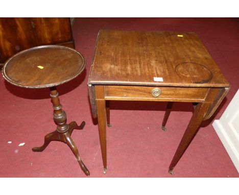 A 19th century mahogany drop flap single drawer side table together with a mahogany pedestal tripod occasional table (2)