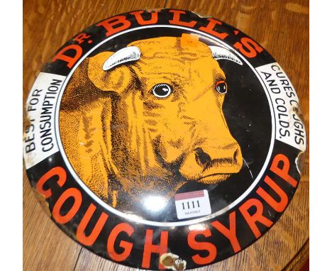 A convex enamel advertising sign for Dr Bull's cough syrup, dia. 29cmreproduction