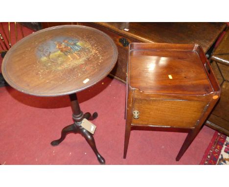 A 19th century mahogany and polychrome painted circular fixed top pedestal tripod occasional table, dia.50cm; together with a