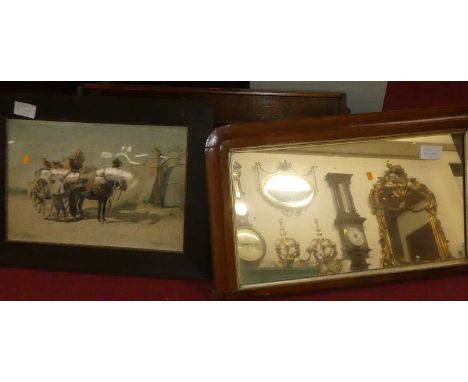 A stained pine hanging bottle shelf; together with a Victorian walnut overmantel mirror; and a watercolour by C.M. Beresford 