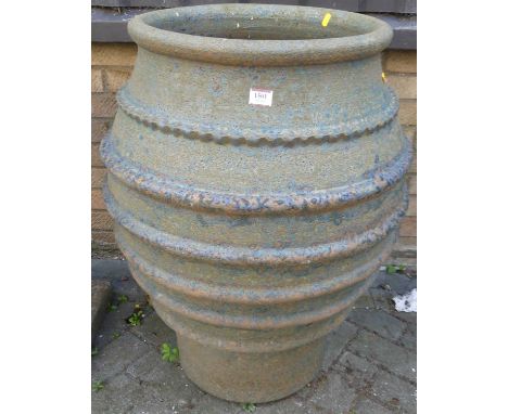 A large contemporary stoneware planter in the Chinese taste, of shouldered slightly baluster form, with raised central bandin