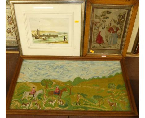 A Victorian woolwork in birds eye maple frame, 30x23cm, one other modern woolwork, and a topographical print of Southwold, Su