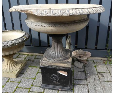 A large painted pottery classical style pedestal footed garden planter, having egg &amp; dart moulded border to fluted outswe