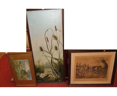 20th century school - Water lillies, oil on panel, together with monochrome engraving, landscape print, and small landscape w