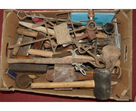 A box of sundry hand tools, mallets, etc