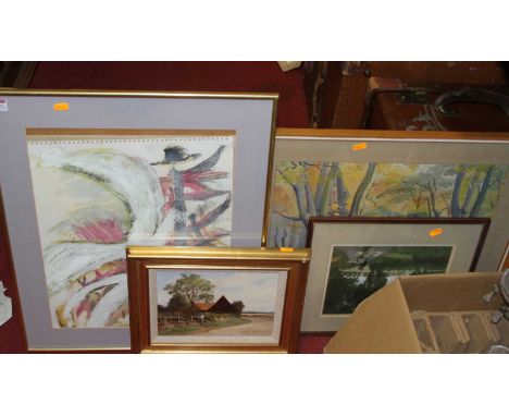 Three various 20th century school landscape watercolours, to include R. Hugh-Jones, and a single contemporary oil on board by