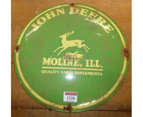 A circular convex enamel on metal sign for John Deere, dia.29.5cm 