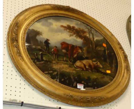 In the 19th century taste - a contemporary oval framed colour print depicting cat and figures within a landscape, in a floral