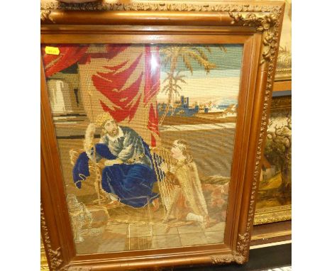 A circa 1900 framed woolwork by Agnes Eliza Rudge depicting David playing the Harp for King Saul, 50x40cm
