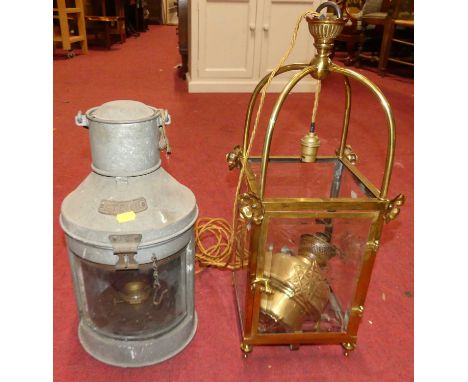 An early 20th century gilt brass and four glass square hanging ceiling light, approx drop 52cm; together with a Stern galvani