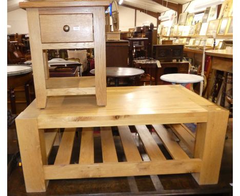 A contemporary light oak rectangular low coffee table, having a laddered undertier, length 110cm; together with a near-matchi