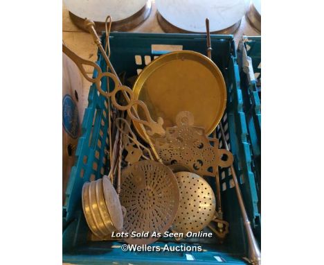 *BOX OF BRASSWARE INCLUDING MAINLY FIREPLACE TOOLS / ALL LOTS ARE LOCATED AT AUTHENTIC RECLAMATION TN5 7EF