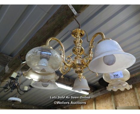 *FIVE BRANCH CHANDELIER WITH ASSORTED SHADES, 15 INCHES HIGH / ALL LOTS ARE LOCATED AT AUTHENTIC RECLAMATION TN5 7EF