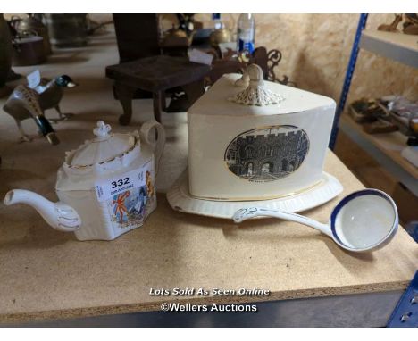 *DECORATIVE PORCELAIN TRIANGULAR CHEESE CLOCHE DEPICTING SCENES FROM SOUTHAMTON, TOGETHER WITH A KING EDWARD CORONATION TEA P