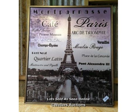 *LARGE METAL FRAME WITH PRINT DEPICTING THE AREAS OF PARIS, 44 HIGH X 36 WIDE / ALL LOTS ARE LOCATED AT AUTHENTIC RECLAMATION