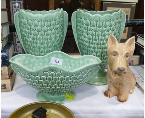 Pair of Sylvac vases model 2712, Sylvac planter model 2710 and a dog model 1207