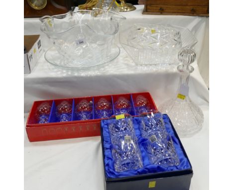 Decanter and two boxed sets of glasses and quantity of glass table centre bowls 