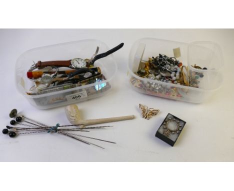 Collection of costume jewellery, badges, watches, hat pins, coin tokens etc