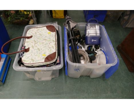 Two boxes of bags, cookware, camping equipment etc