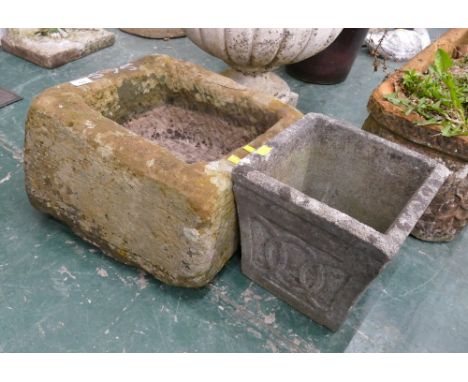 Low stoneware trough and composite small planter 