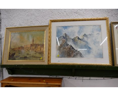 E Grieg Hall watercolour of a mountain scene and print of Venice 