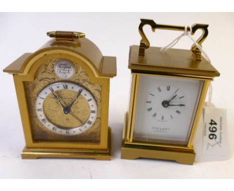 Two small brass carriage clocks, Sinclairs Workington and Swiza, each +/- 9 cm high