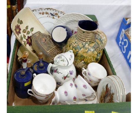 Box of ceramics, pottery jug, floral part tea set, Salter grinders etc