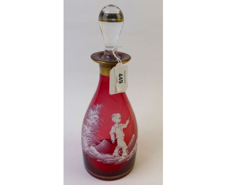 Mary Gregory style cranberry stoppered decanter 