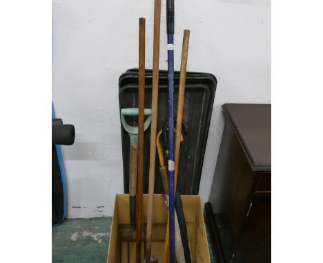 Plastic trays and brooms, hose, garden tools etc