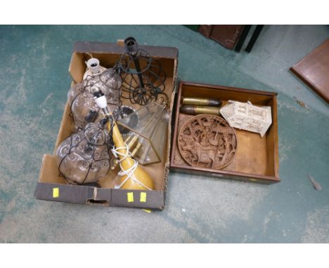 Two boxes of glass light fittings, wood carving, Trench Art shells dated 1918