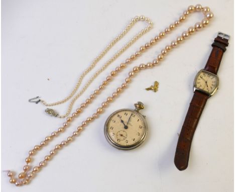 Vintage wristwatch, pocket watch marked Airmail guaranteed and faux pearl necklace
