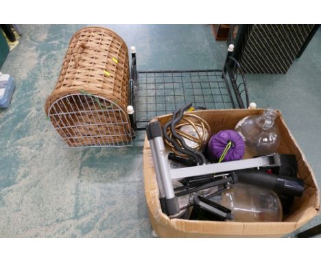 Cat bed, cat basket and box of bottles, household items etc