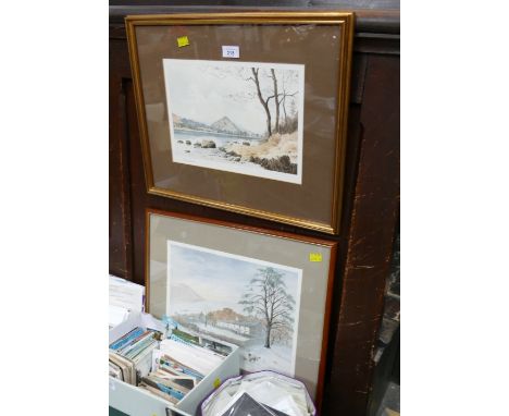 Watercolour of Grasmere by J. Beddows, signed print of Lakeland farm by Colin Williamson
