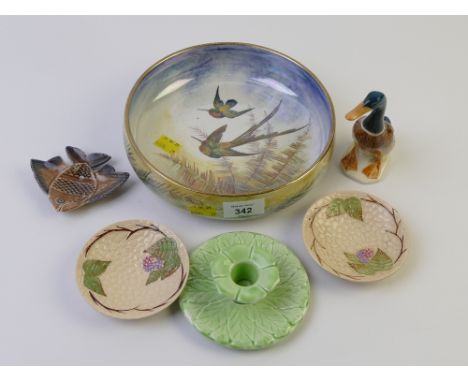 Grimwades Byzanta ware lustre dish decorated with exotic birds, quantity of trinket dishes and Beswick duck