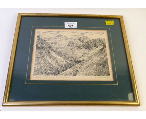 Signed print Alfred Wainwright Scafell Pike from Throstlegarth, framed and mounted
