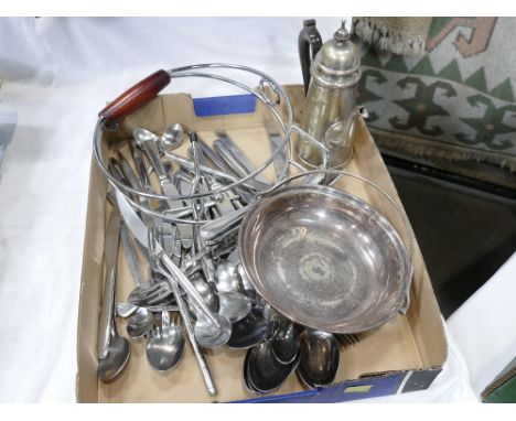 Wine pourer, plated ware teapot and selection of cutlery