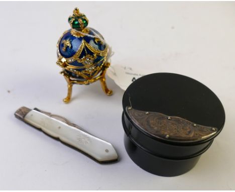 Enamelled Faberge style egg form trinket pot on stand, ebony and silver topped pin pot and mother of pearl and silver penknif