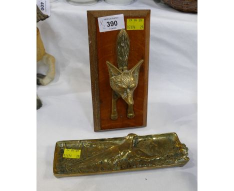 Brass fox door knocker mounted on wooden plaque and brass Pheasant pin dish 