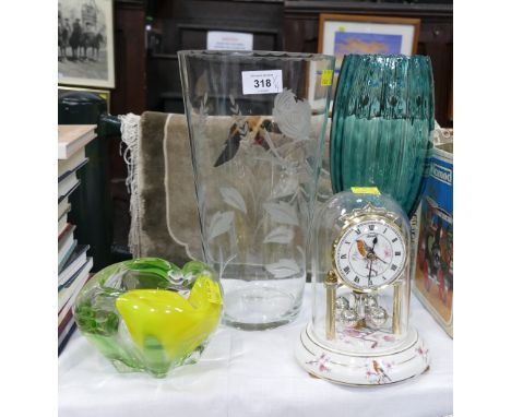 Art glass dish, domes clock decorated with robin and two large glass vessels